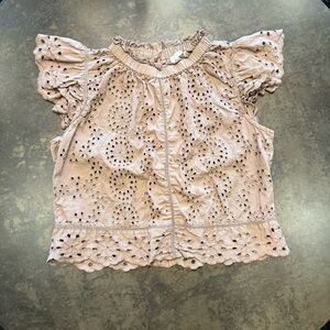 Jennifer&grace Taupe Eyelet Ruffle Sleeve Top size medium